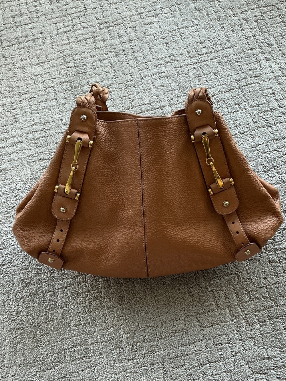 Classic Tan Pebbled Leather Shoulder Bag with Braided Straps